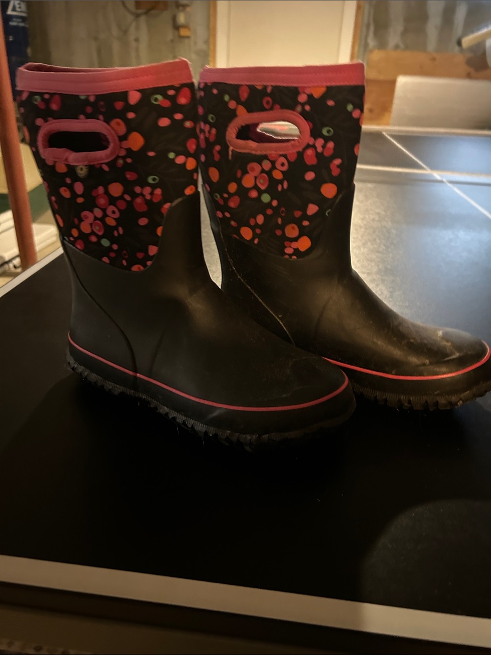 Kids Black Rain Boots with Pink Trim and Multi-Colored Dot Upper BOGG boots